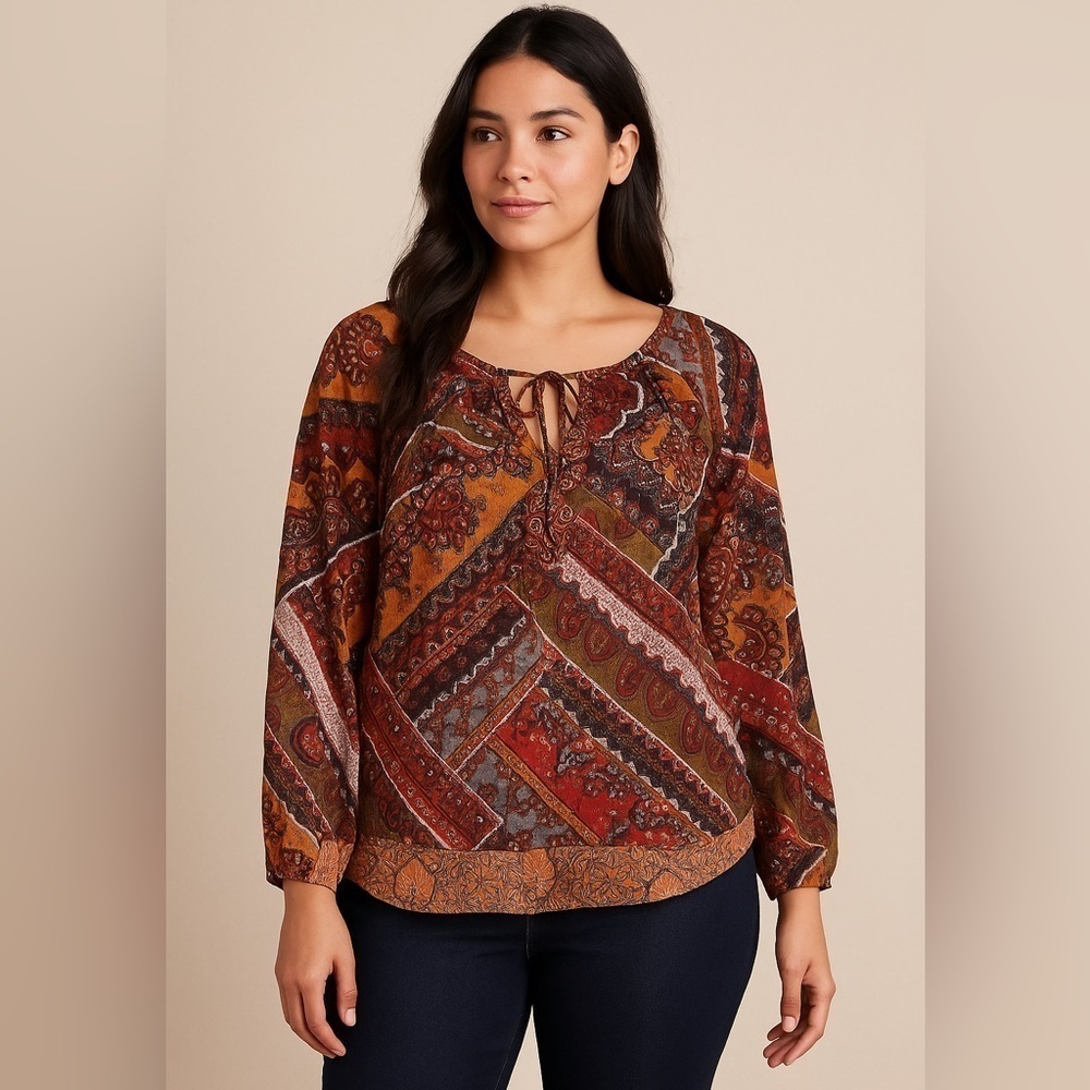 EUC Fig and Flower Anthroplologie Earthtones Patchwork Semi-Sheer Tunic XL (E3)